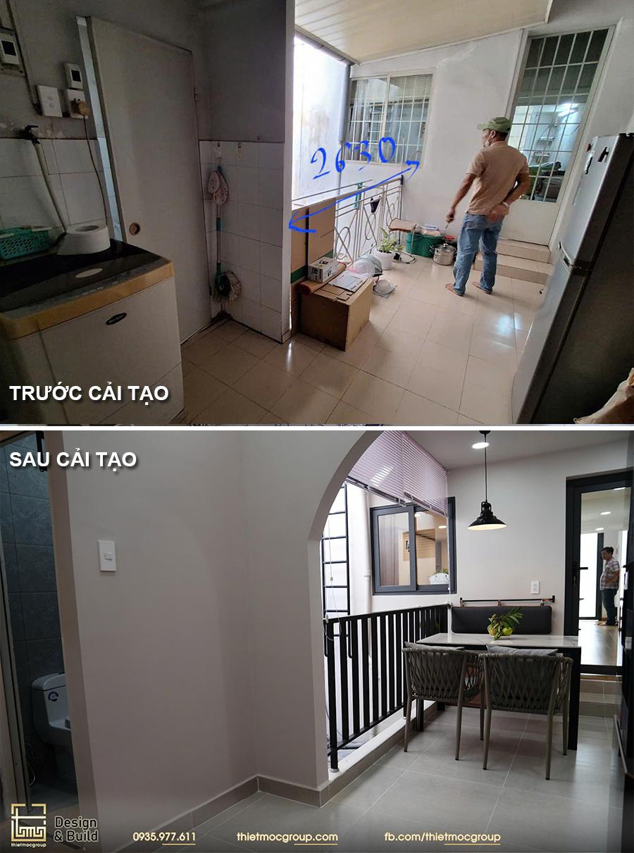 CẢI TẠO CĂN HỘ CHUNG CƯ CŨ QUẬN 3 52 Lan can và không gian bếp trước và sau cải tạo